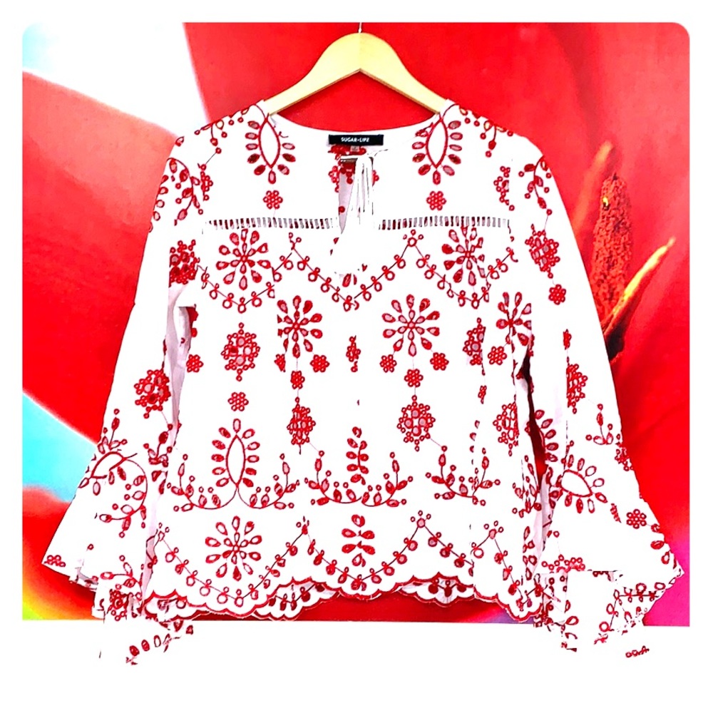 💥TOPS SALE💥 Sugar+Lips Cotton Top in White w Red Embroidery